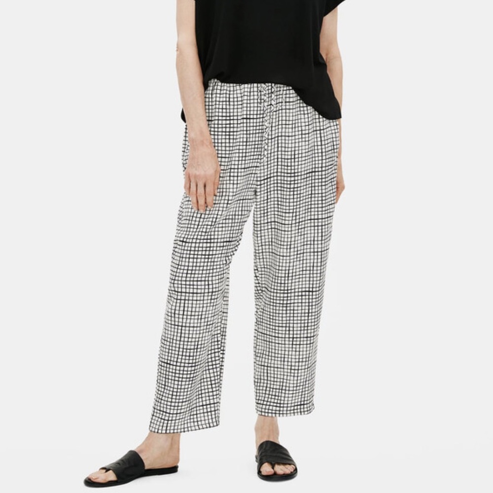 Eileen Fisher Textured Crepe Grid Slouchy Cropped Pant Size 1X Plaid Bohemian